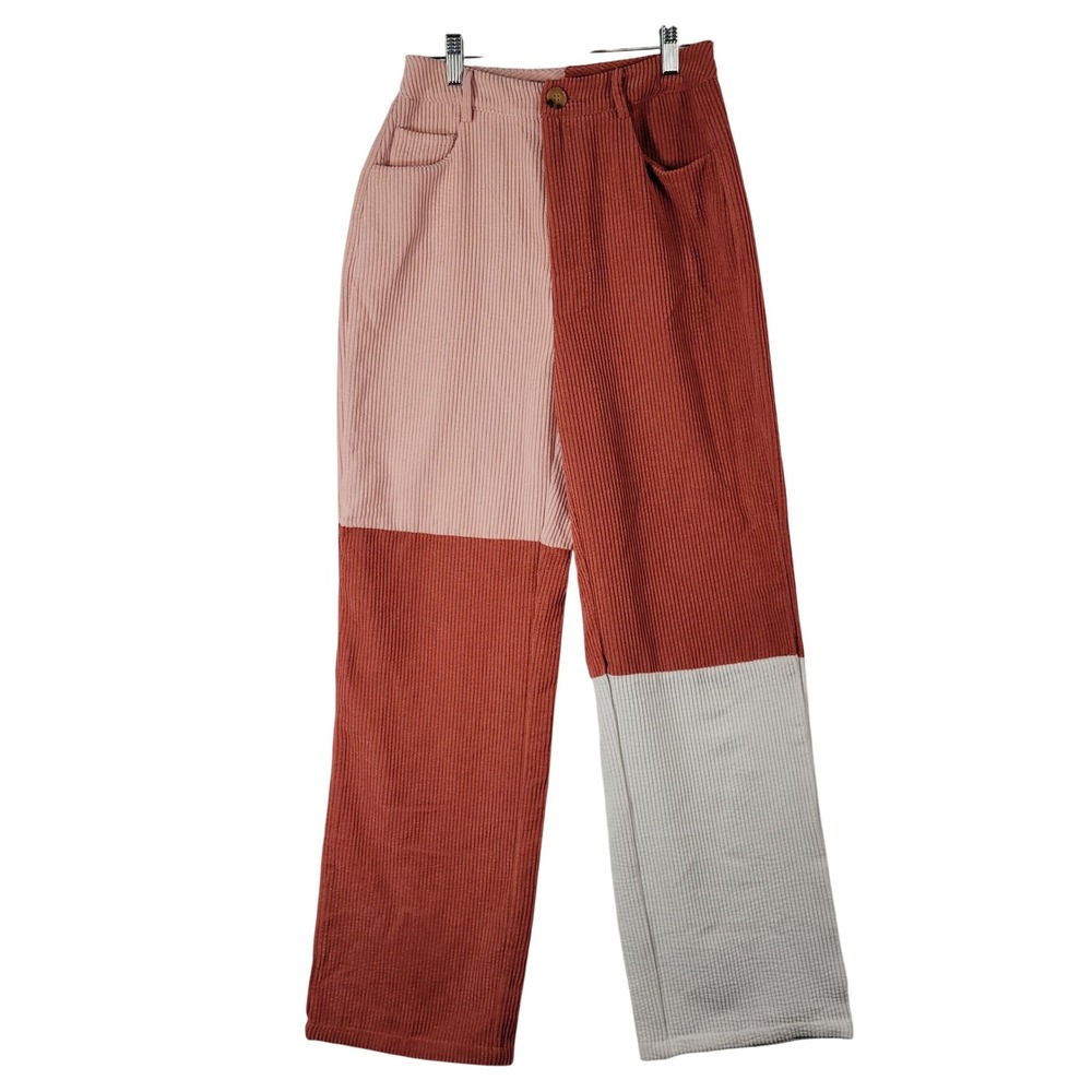 Colorblock Corduroy Pants Women XS 26" Pink Rust White High Rise Straight Leg